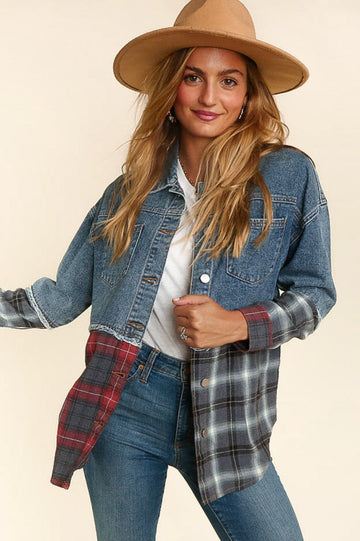 PLUS RED DENIM PLAID SNAP BUTTON JACKET WITH POCKETS