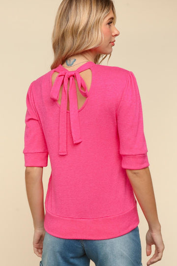MOCK NECK WITH BACK RIBBON BOW TIED KNIT TOP