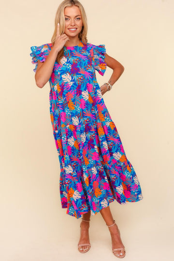 Ruffle Frill Short Sleeve Maxi Tropical Dress