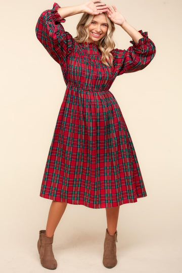 RED PLAID CHECK WOVEN DRESS WITH SIDE POCKETS