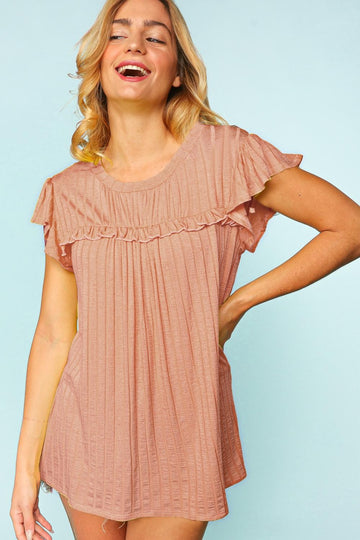 Mauve Frilled Short Sleeve Shirred Yoke Knit Top
