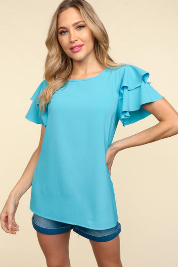 Blue Double Ruffle Flutter Short Sleeve Woven Top