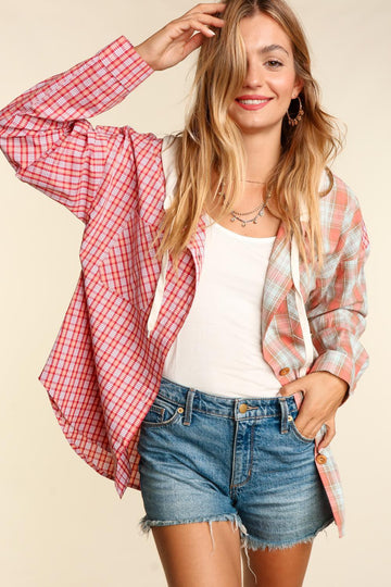 Plus Coral Mint Woven Plaid Jacket Pocketed Hoodie