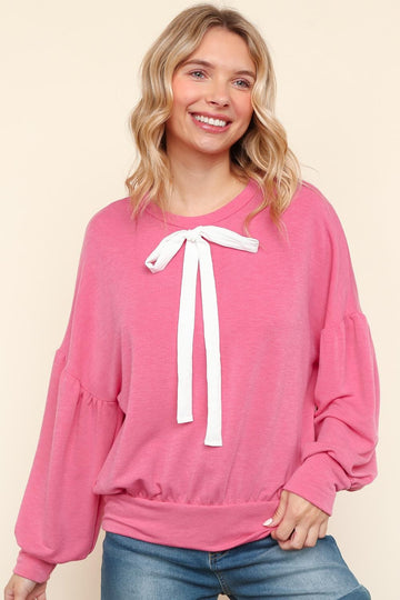 SOLID WASHED RIBBON BOW DETAIL PULLOVER TOP