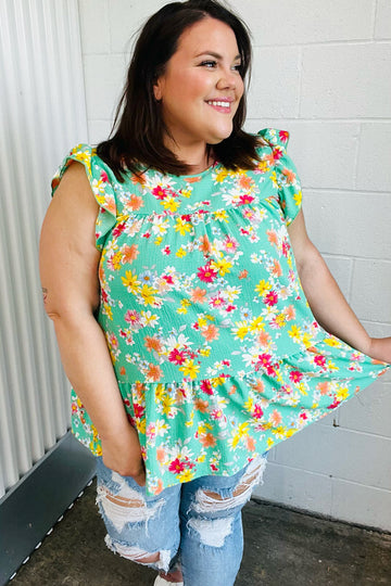 Mint Floral Yoke Flutter Sleeve Keyhole Back Top (Open Pack)