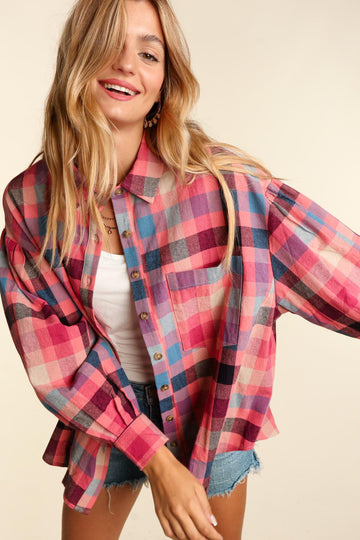 Mauve Woven Washed Plaid Oversized Top With Pockets