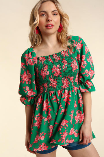 Green Coral Floral Smocking Fit & Flare Babydoll Woven Top