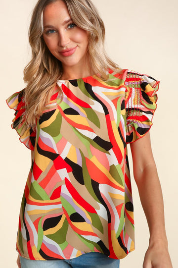 Green Yellow Coral Geometric Abstract Woven With Back Button Top