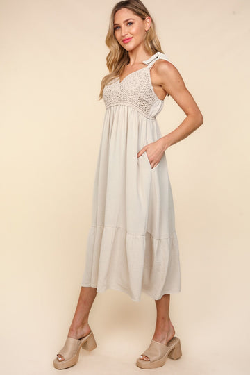 Oatmeal Crochet Lace Woven Babydoll Midi Dress