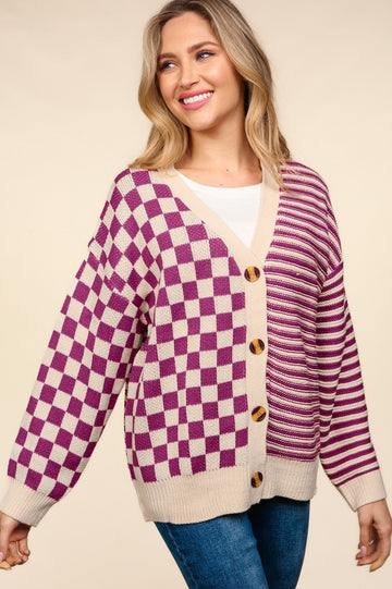 PLUS BUTTON DOWN CHECKER STRIPE SWEATER CARDIGAN