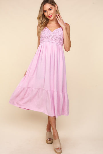 Pink Crochet Lace Woven Babydoll Midi Dress