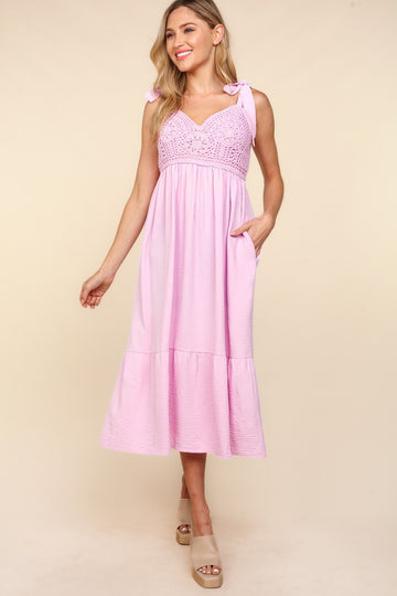 Plus Pink Crochet Lace Woven Babydoll Midi Dress