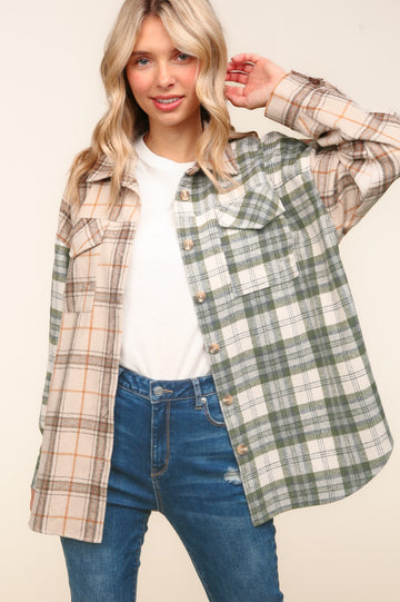 Plus Olive Flannel Plaid Check Button Down Shacket