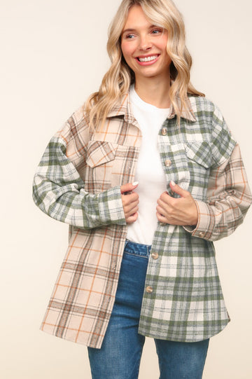 Olive Flannel Plaid Check Button Down Shacket