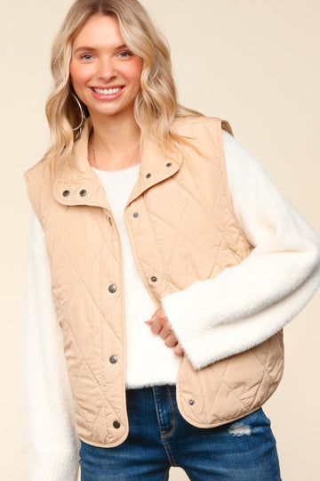 Taupe Sleeveless Snap Button Quilted Puffer Vest