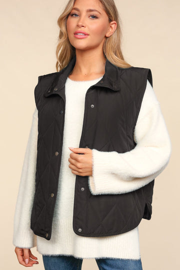 Black Sleeveless Snap Button Quilted Puffer Vest