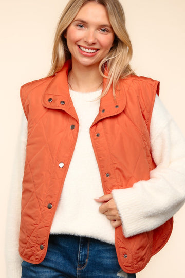 Rust Sleeveless Snap Button Quilted Puffer Vest