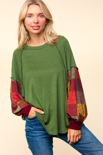 Forest Green Dolman Checker Plaid Soft Hacci Knit Top