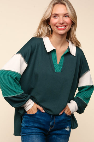 Hunter Green Color Block Bubble Long Sleeve Pullover Top