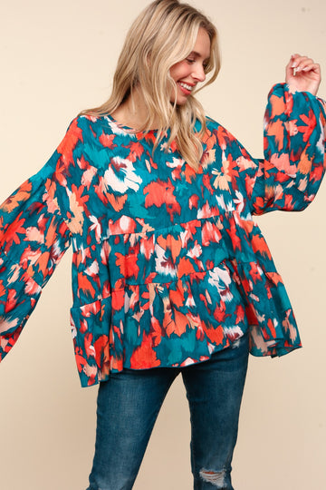 Teal Drop Shoulder Abstract Floral Woven Top