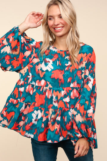 Plus Teal Drop Shoulder Abstract Floral Woven Top