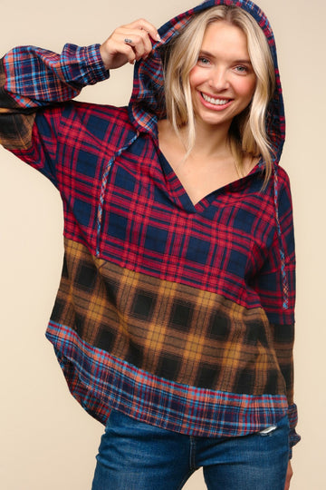 PLAID CHECK OVERSIZED HOODIE EDGE CUT DETAIL