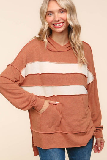 Plus Rust Color Block Pullover Hoodie with Side Slits