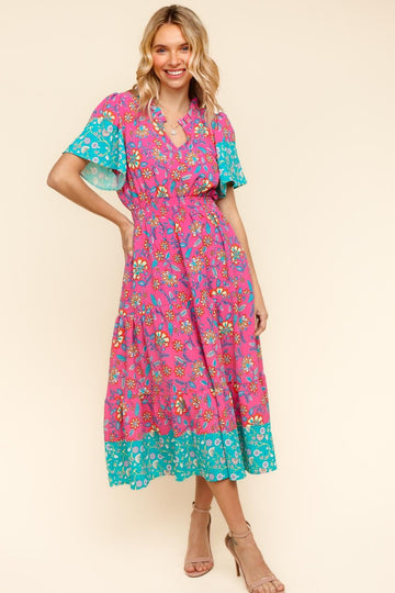 PLUS FLORAL NOTCH NECK MAXI LENGTH W/ SIDE POCKETS