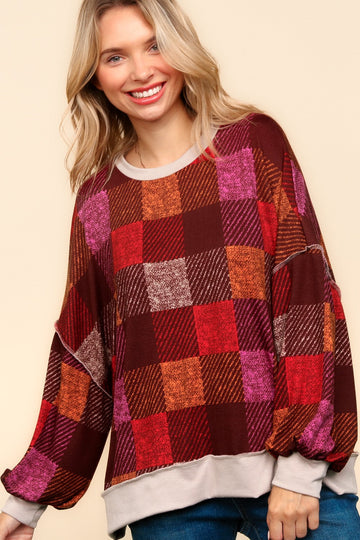 BURGUNDY DROP SHOULDER COLOR BLOCK PLAID CHECK PRINT