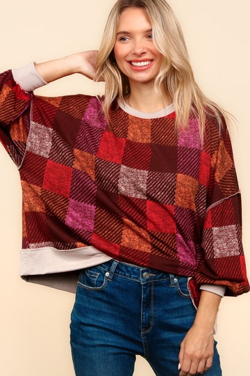 PLUS BURGUNDY DROP SHOULDER COLOR BLOCK PLAID CHECK PRINT