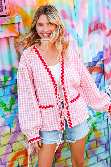 RIBBON TIE GINGHAM OVERSIZED JACKET W/ POCKET