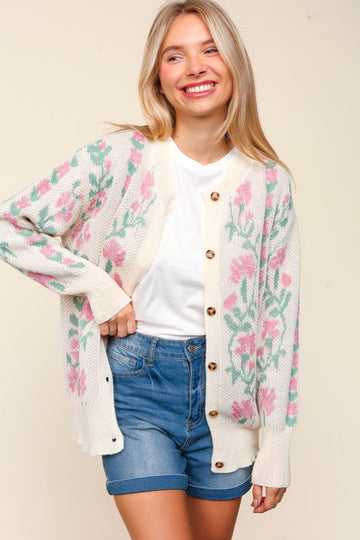 PLUS FLORAL JACQUARD LOOSE FIT CARDIGAN