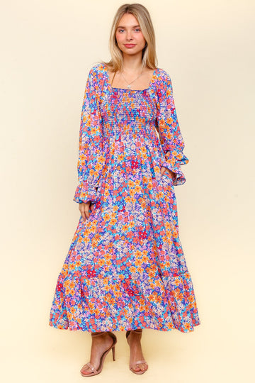 SMOCKING FIT AND FLARE MAXI WITH SIDE POCKETS