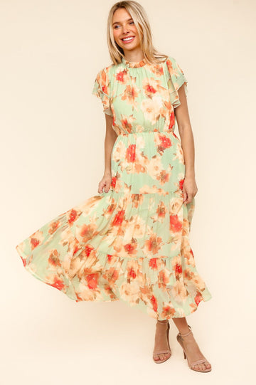PLUS FLORAL MOCK NECK MAXI DRESS WITH SIDE POCKETS