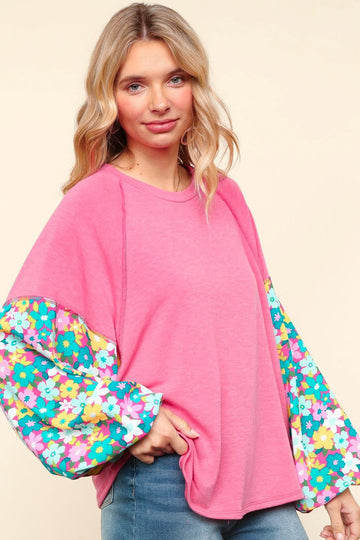 PLUS FLORAL LONG SLEEVE COLOR BLOCK KNIT TOP