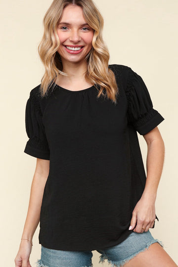 PLUS BLACK SOLID WOVEN TOP WITH BACK BUTTON AND KEYHOLE