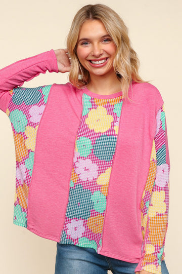 PLUS COLOR BLOCK WITH FLORAL PRINT KNIT TOP