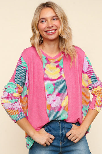 COLOR BLOCK WITH FLORAL PRINT KNIT TOP