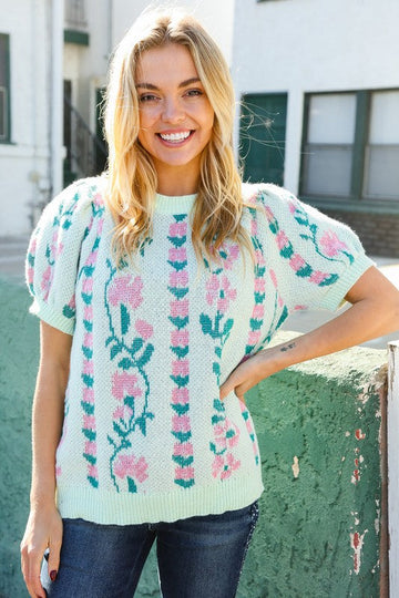 All For Love Mint Jacquard Floral Bubble Sleeve Sweater Top (Open Pack)