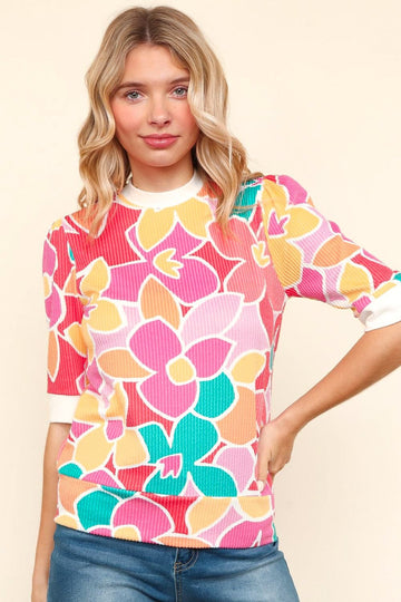 PINK FLORAL PRINT KNIT TOP WITH BACK BOW TIE DETAIL