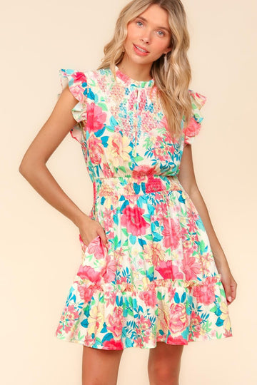 FLORAL MINI LENGTH DRESS WITH SIDE POCKETS