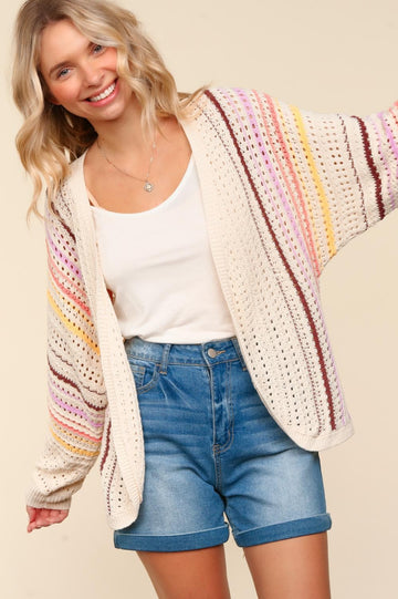 PLUS DOLMAN MULTI COLOR STRIPE CROCHET CARDIGAN