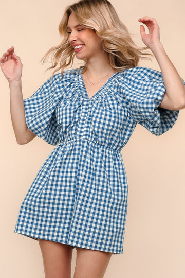 Blue Gingham Check Woven Romper with Side Pockets