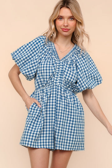 Plus Blue Gingham Check Woven Romper with Side Pockets