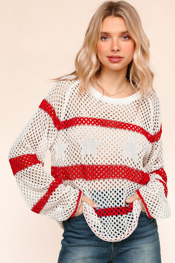 Plus Stripe Crochet Loose Fit Pullover Sweater Top