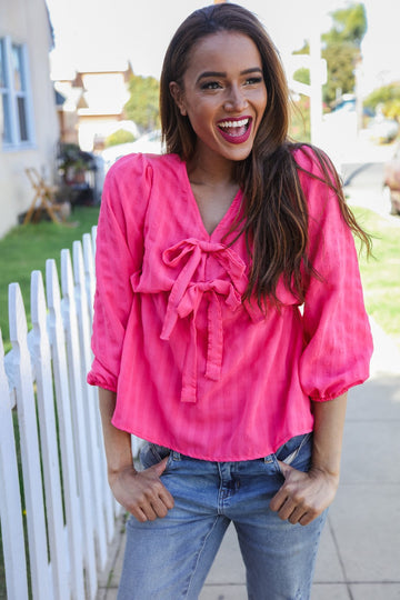 PINK V NECK SOLID RIBBON BOW BABYDOLL WOVEN BLOUSE