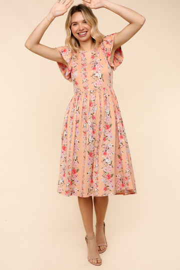 Apricot Midi Spring Dress W/Folded Ruffle Short Sleeve