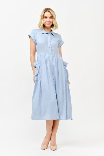 Plus Cap Sleeve Front Pockets Linen Shirt Dress