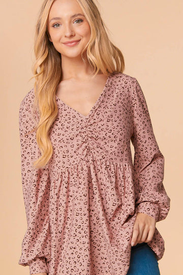 Plus V Neck Shirred Babydoll Leopard Knit Top