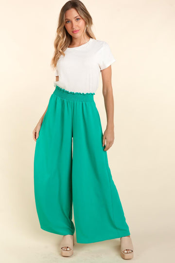 Emerald Smocked Waist Wide Leg With Side Pockets Woven Pants